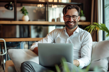 Smiling businessman working from couch in stylish home office.