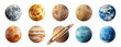 © Melanthe - Set of solar system planets and Moon isolated on transparent background. Mercury, Venus, Earth, Mars, Jupiter, Saturn, Uranus, Neptune. Realistic planets, satellite, star. Celestial bodies collection