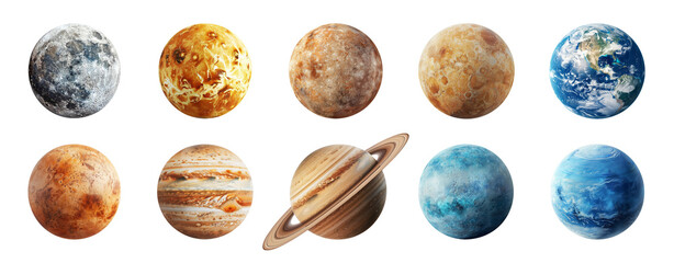 set of solar system planets and moon isolated on transparent background. mercury, venus, earth, mars