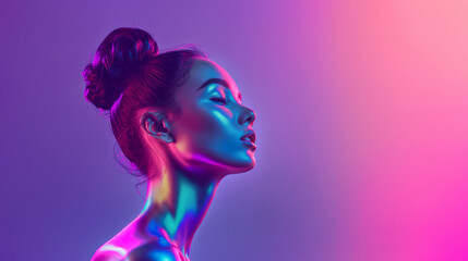 a futuristic and creative portrait of a young and beautiful girl with cyber neon colors, strong shad