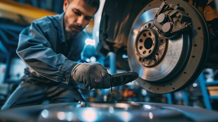 Close up of a mechanic inspecting brake pads and rotors in the service station