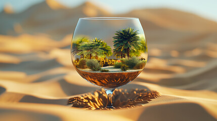 Wall Mural - A beautiful miniature desert oasis nestled in a wine glass placed in the midst of a deserted, scorching desert, with vibrant and warm colors.