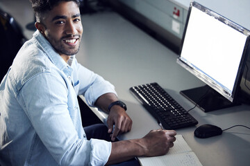 Poster - Man, student and portrait with writing notebook at IT college with smile for education with coding. Person, e learning and mockup space on computer screen for programming, study and academy in Mumbai