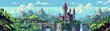 © sukrit - A pixel art image of a fantasy castle. The castle is surrounded by a moat and there is a waterfall in the background.