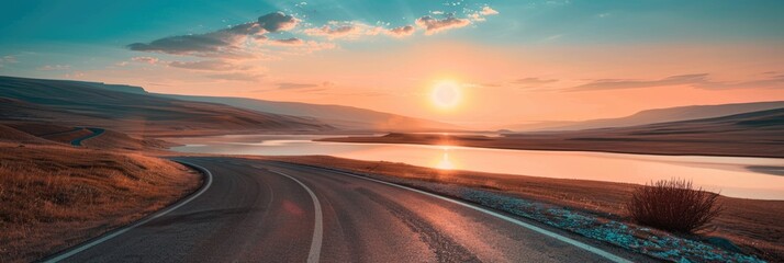 Wall Mural - Travel Road. Sunset Landscape with Lake, Road and Sky Background
