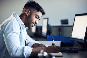 Poster - Man, student and thinking with writing in notebook at IT college with smile for education with coding. Person, e learning and notes for computer with programming, study and problem solving in Mumbai