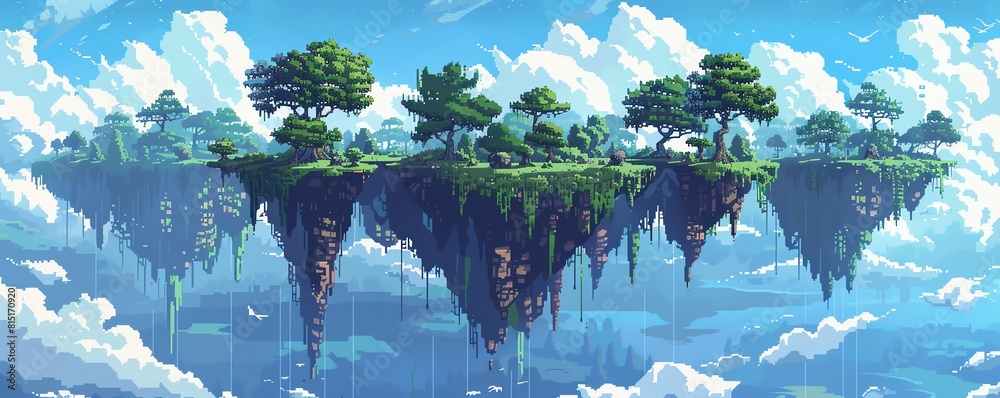 Generate a pixel art image of a floating island with a blue sky ...