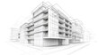 © Web - Building Drawing. Three-Dimensional Wireframe Perspective of Architectural Development