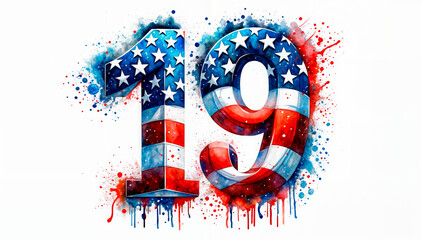 Number 19 in bold U.S. flag colors with a dynamic dripping design, perfect for patriotic events and commemorating significant U.S. dates.