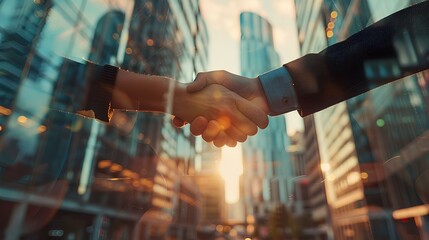 Two business people shaking hands in front of a modern office building.