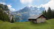 pictorial landscape above lake Oeschinensee, with hut and mountain view
