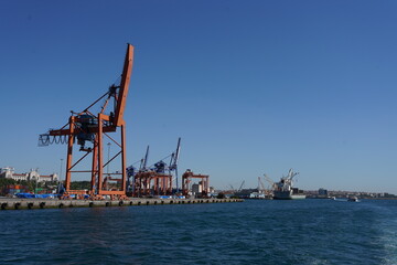 commercial shipping port. commercial ships loading and unloading in the port