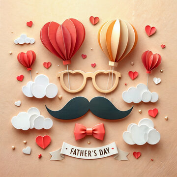 Happy Father's Day greeting card, banner, poster or flyer design with flying origami hearts over clouds with air balloons, paper mustache, glasses and bow tie ,illustration created with generative ai.