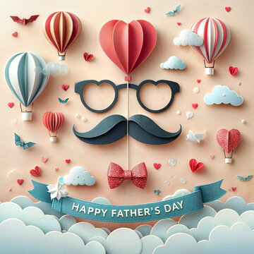Happy Father's Day greeting card, banner, poster or flyer design with flying origami hearts over clouds with air balloons, paper mustache, glasses and bow tie ,illustration created with generative ai.