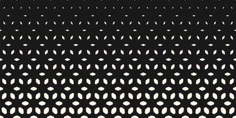 Wall Mural - Vector halftone pattern. Horizontally seamless black and white texture with gradient transition effect. Minimalist geometric background with floral shapes, leaves, mesh, lattice. Abstract geo design