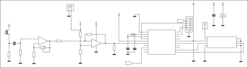 Template of schematic diagram of electronic device.
Vector drawing electrical circuit with 
operational amplifier, resistor, capacitor,
integrated circuit, transistor, 
other components on paper sheet