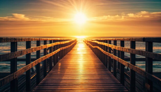 Pier at sunset. Sea pier in the light of the sun's rays