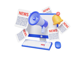 Aufkleber - News media update reminder via computer with megaphone loudspeaker bell notification announcements web page digital online on transparent background. Events newsletter email. 3d render illustration