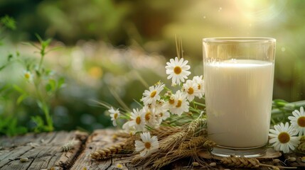 Wall Mural - A glass of cold milk sits atop a rustic wooden table accompanied by a charming bouquet of daisies and wheat spikelets set against a lush green backdrop This fresh milk is packed with calcium