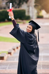 Poster - Diploma, portrait and happy woman celebrate graduation, achievement and success at college campus. Smile, graduate and certificate outdoor at university for education goal, winning or scholarship