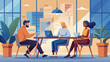 © atilgan - Business meeting. Colleagues discussing work, chatting communicating sitting at office desk. Flat concept great for social media promotional material. Website banner on white background. stock illustr