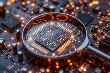 Poster - Close up of computer microchips under magnifying glass with room for personalized text