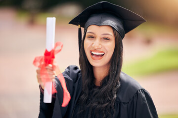 Poster - Graduation, portrait and excited woman celebrate with diploma for achievement and success at college campus. Face, smile and graduate with certificate scroll outdoor at university for education award