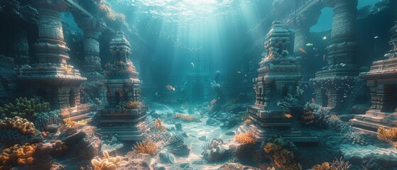 Wall Mural - There is an underwater ancient city in the depths of the ocean. In there are sunken ancient cities. There are underwater gorges and tunnels. There are lots of underwater organisms, which include