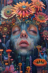 Wall Mural - A painting of a woman's face surrounded by flowers and plants, AI