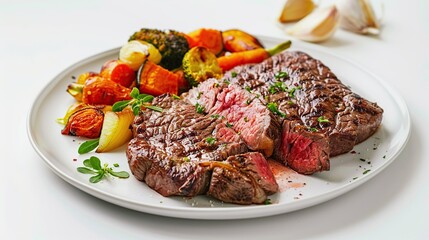 Wall Mural - Venison steak with baked vegetables isolated on white plate. AI Generative