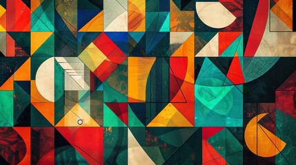 Poster - Abstract geometric background with vibrant colors and a retro, vintage feel. Earthy tones, blues, greens and yellows.