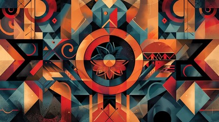 Poster - vibrant geometric shapes and patterns, reminiscent of traditional Native American art, create a sense of movement and energy.