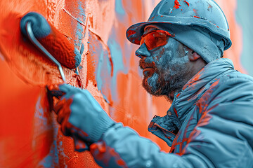 A man is painting a wall with a roller, wearing a white shirt and blue pants. He is smiling and he is enjoying the process. The wall is painted in a mix of pink and blue, creating a vibrant
