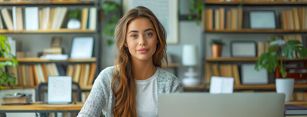 Wall Mural - wide panoramic facebook banner size image with pretty Caucasian business lady with brown hair and casual dress, working on an office table and looking at the camera with cute smile 