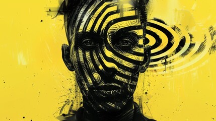 Poster - A man with a face painted in abstract patterns and circles, AI