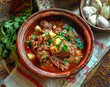 Traditional ukrainian beef stew with potatoes and parsley in clay pot