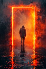 Wall Mural - A man walking through a doorway that is lit up with fire, AI