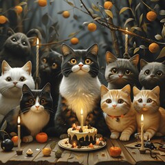 Wall Mural - Cat's birthday joy: cake, pals, and purrs.
