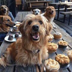 Wall Mural - Tail-wagging party: dog, cake, friends.
