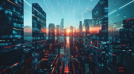 Poster - Futuristic cityscape backdrop, ideal for tech companies and innovation-driven ad campaigns.