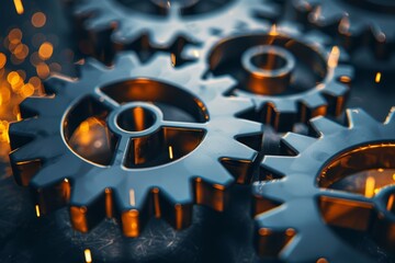 Poster - Dynamic close up of gears in sync with sparks, blurred background, space for text