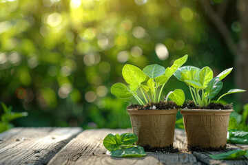 Two eco-friendly pots with growing plants on a wooden surface in sunlight