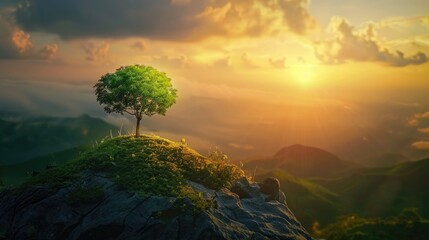 Poster - Witness a majestic sunrise illuminating a tiny tree amidst a vast panorama symbolizing the beauty of our green world and the essence of Earth Day