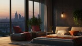 Fototapeta Kosmos - Luxury evening bedroom, cityscape view