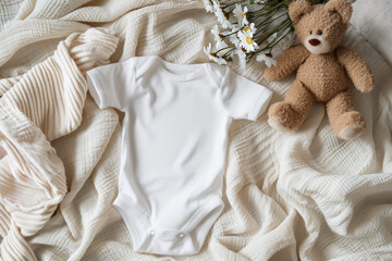 White cotton baby short sleeve bodysuit, toy teddy bear and white summer flowers on white linen blanket throw background. Blank infant onesie mockup template. Top view