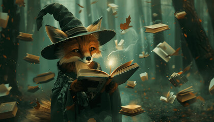 Wall Mural - Clipart of a fox wearing a wizard s hat holding a glowing wand surrounded by floating books in an  Generative AI
