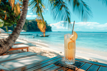 Sticker - Cocktail in a transparent glass with a straw on a table under a palm tree near a sun lounger on a sandy beach by the sea, copy space