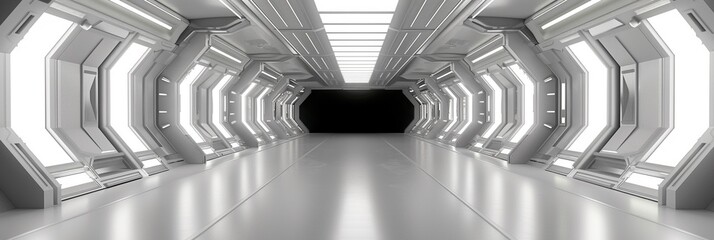 Empty white Futuristic endless Long Light Corridor. Modern surreal white background. Futuristic Sci-Fi Triangle Tunnel. Modern Geometric Wallpaper. Futuristic Technology Design.