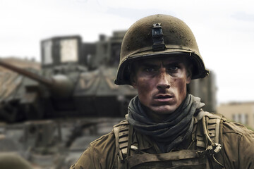 Wall Mural - Portrait of a military man on the background of military equipment.