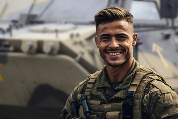 Wall Mural - Portrait of a military man on the background of military equipment.